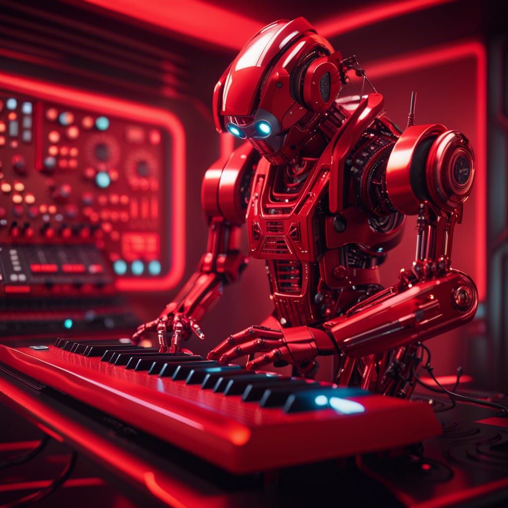 Red Robot Plays Synth in Futuristic Studio