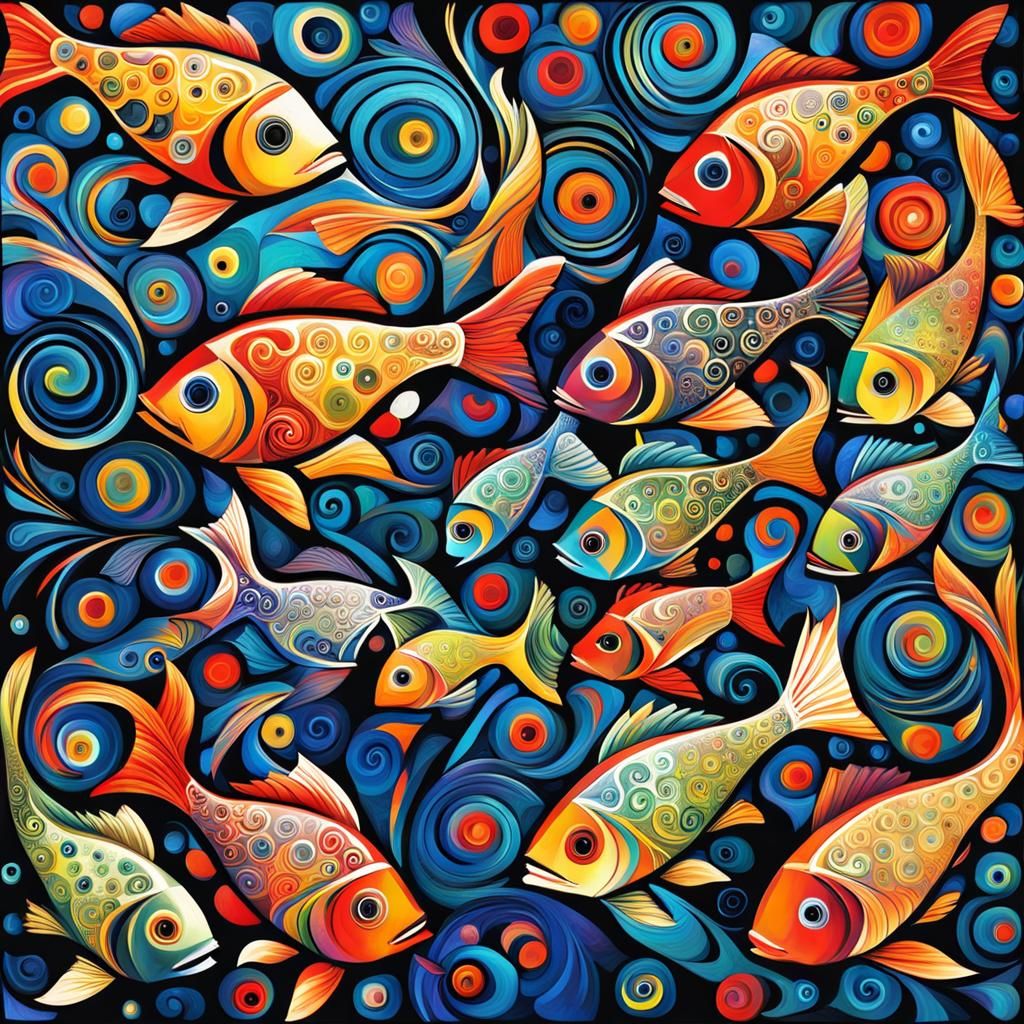 Abstract Multicolored Fish Swirl Art