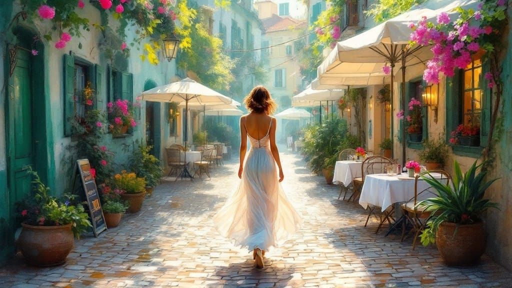Ethereal Woman in White Dress in Impressionistic Alley