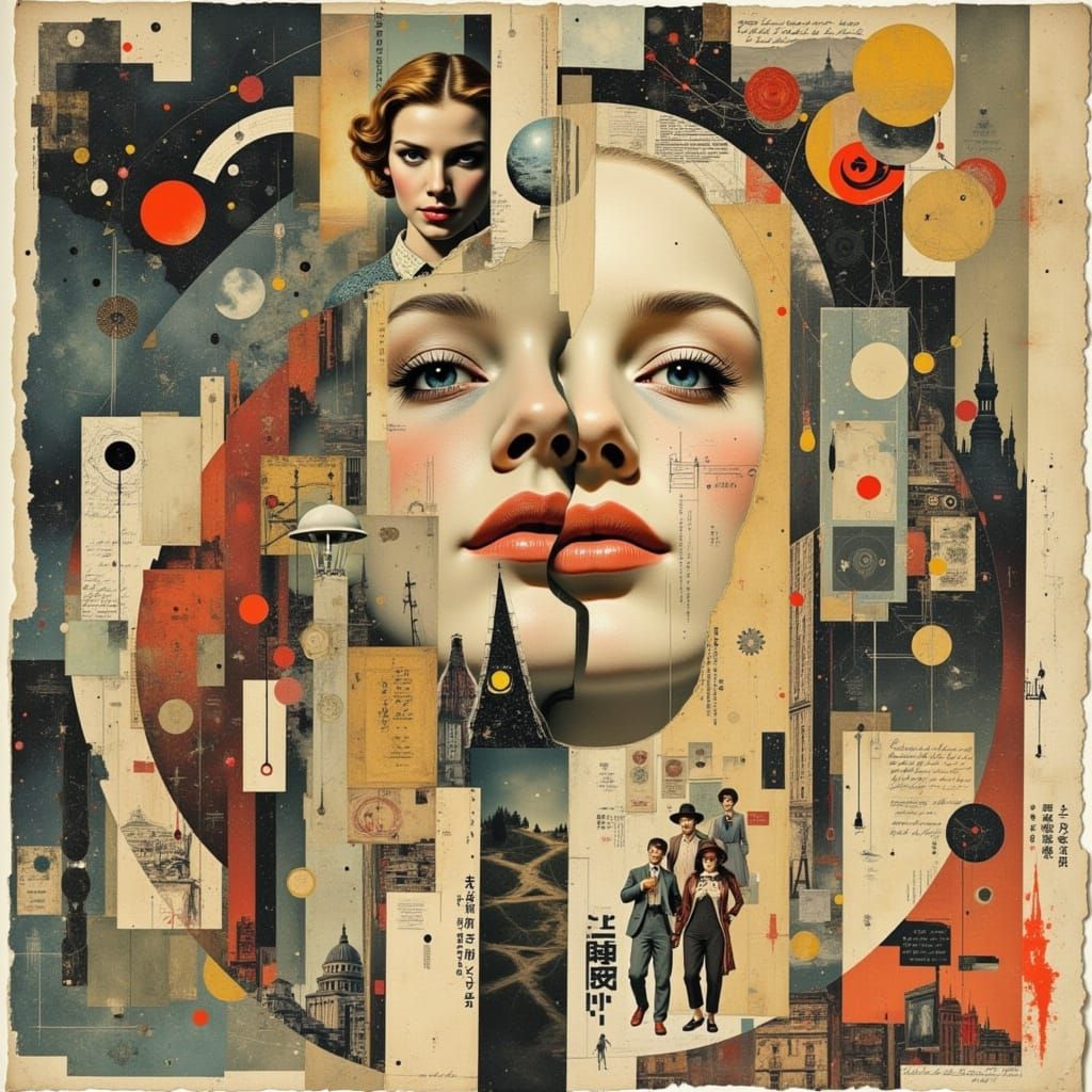 Retro Futuristic Sci-Fi Collage with Vintage French Style