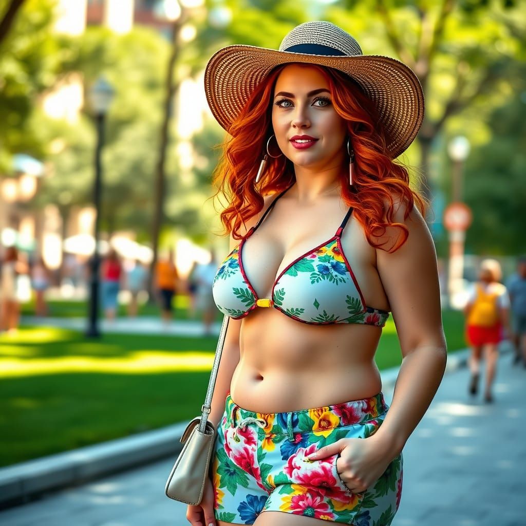 Curvy Redhead in City Park, Summer Outfit