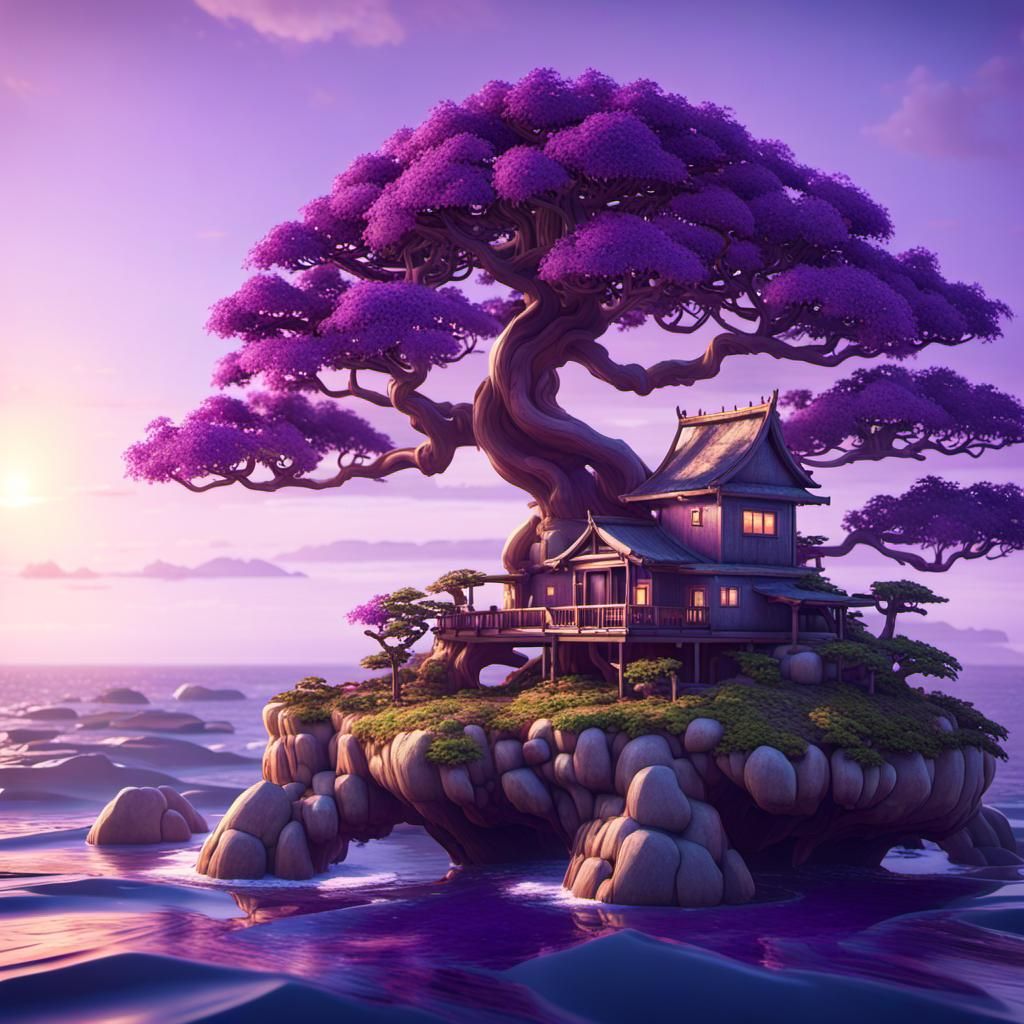Island Sunset with Purple Bonsai Treehouse in 3D