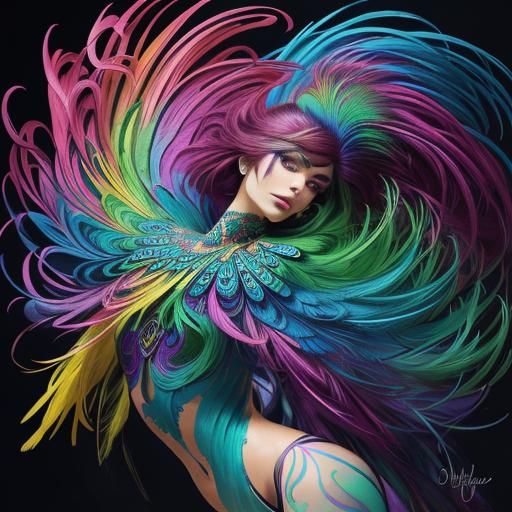 Vibrant Abstract Portrait with Peacock Feather Hair
