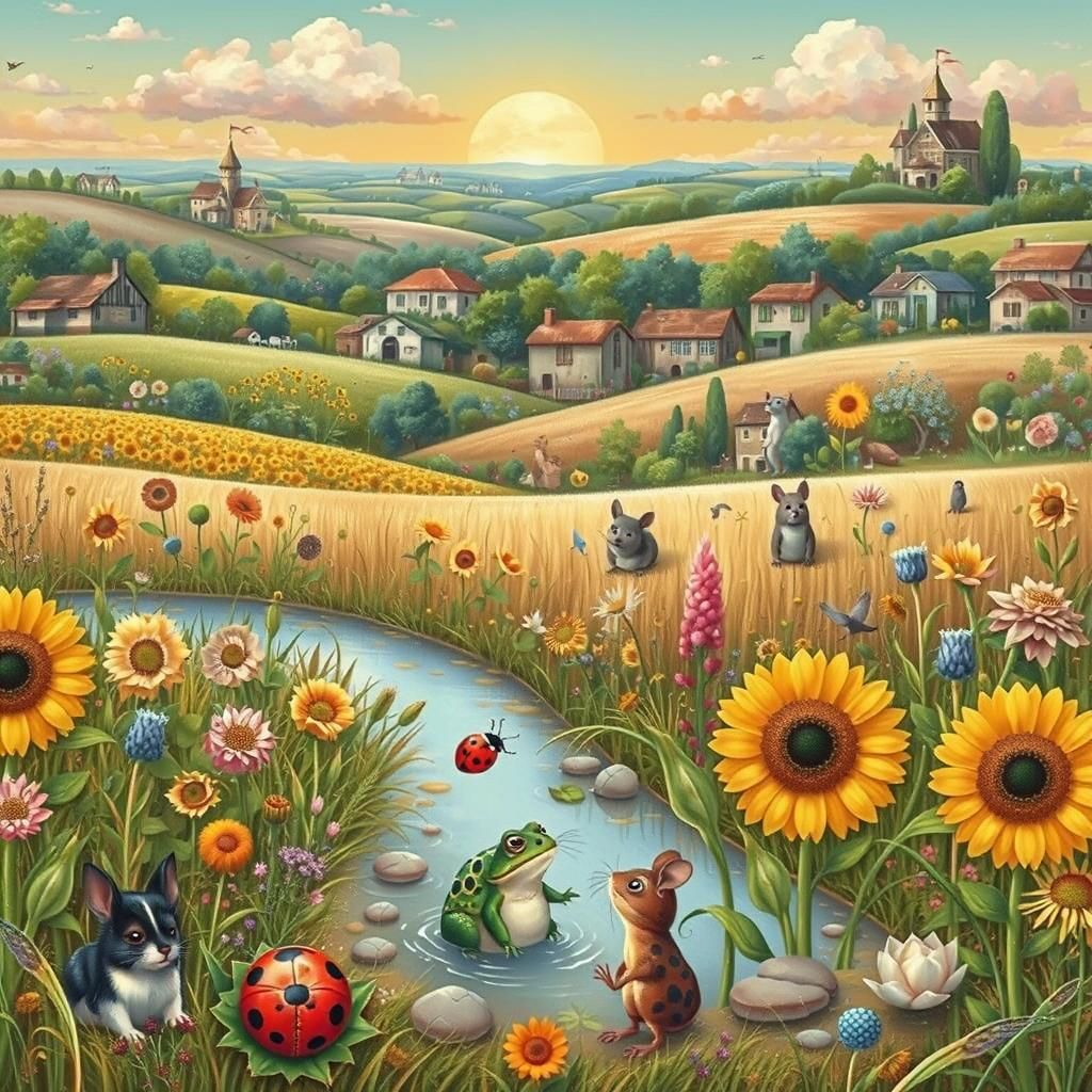 Ladybug Observes Frog and Mice in Rural Pond