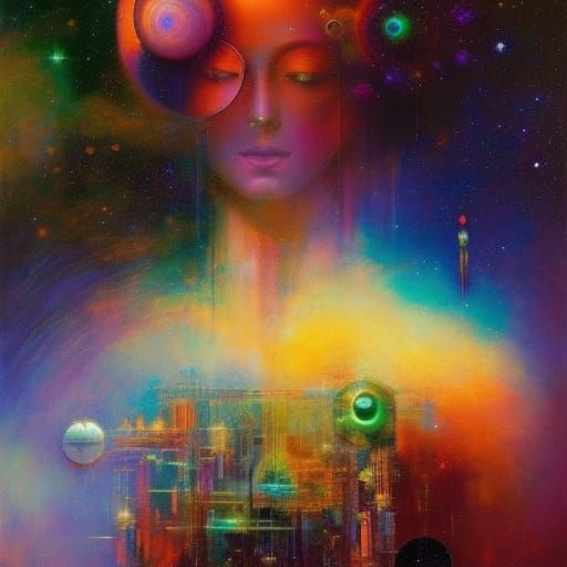 Cosmic Clockwork Planet Darksynth Portrait in Triadic Colors