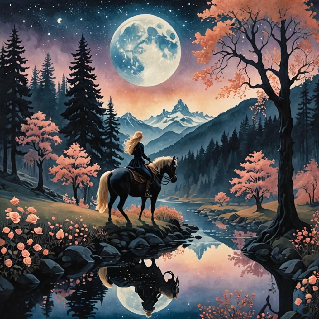 Ethereal Fantasycore Landscape with Woman and Horse