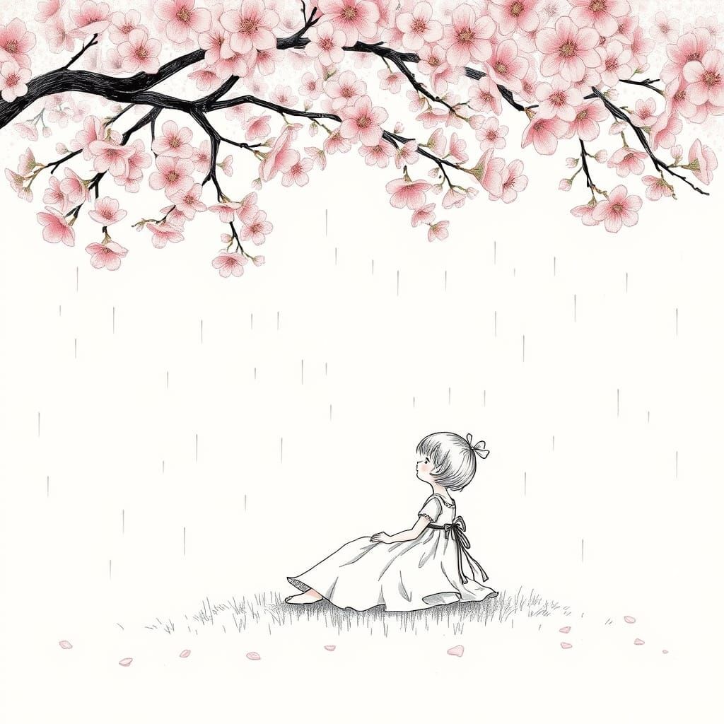 Girl Under Cherry Blossom Tree in Pastel Rain
