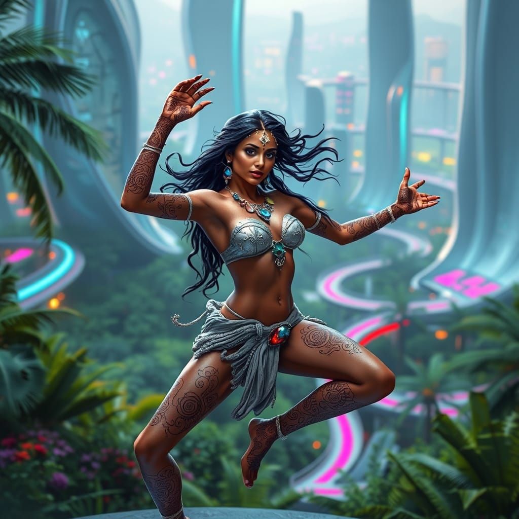 Futuristic Indian Dancer in Sky City