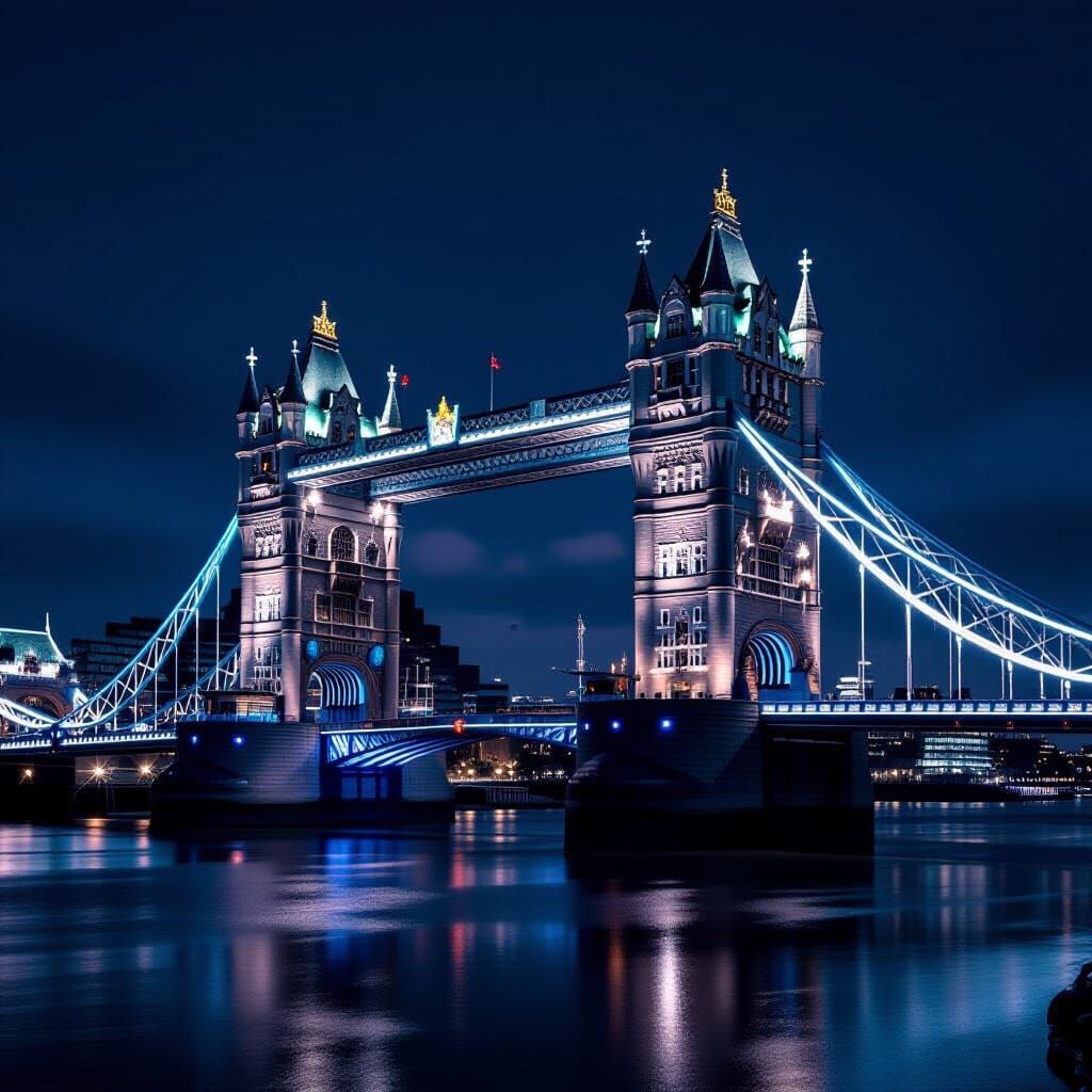 Tower Bridge at Night: Hyperrealistic Illuminated Cityscape