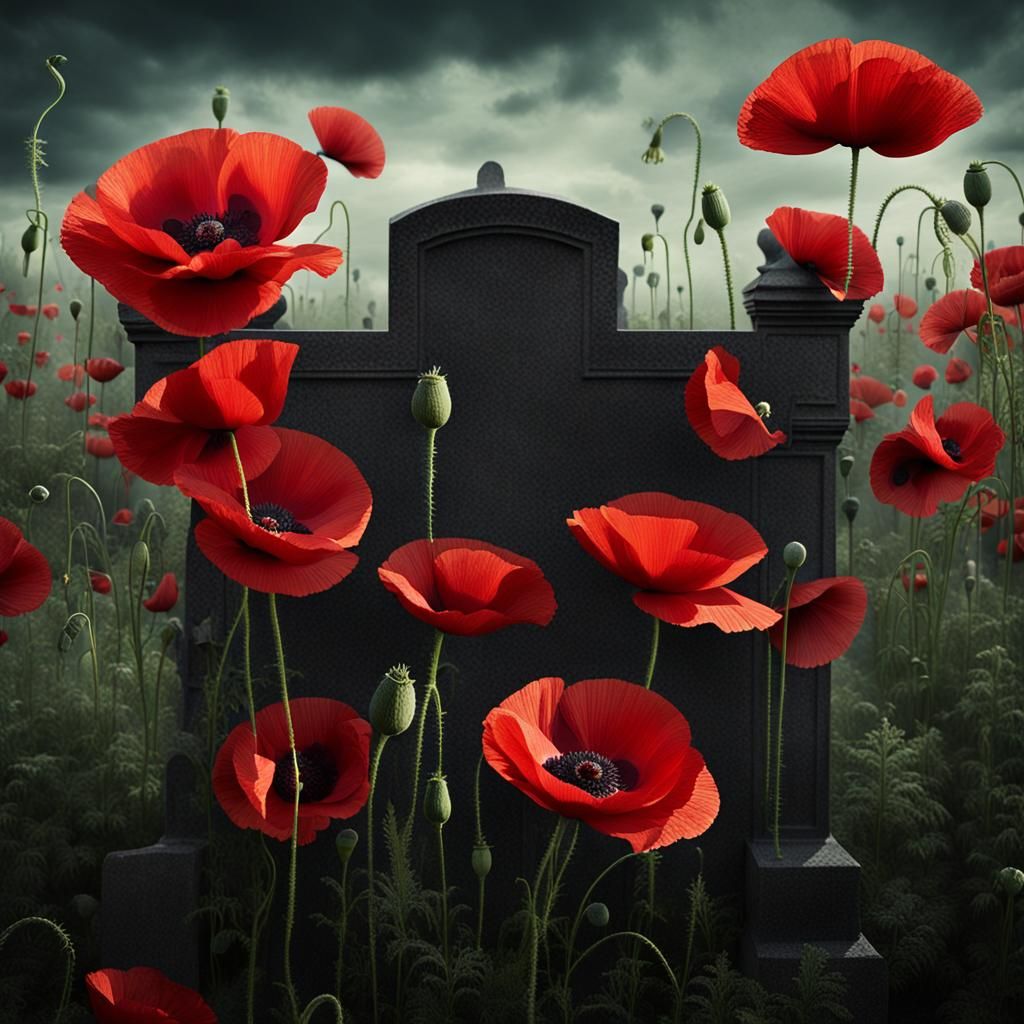 Red Poppies in Graveyard, Detailed Whimsical Art