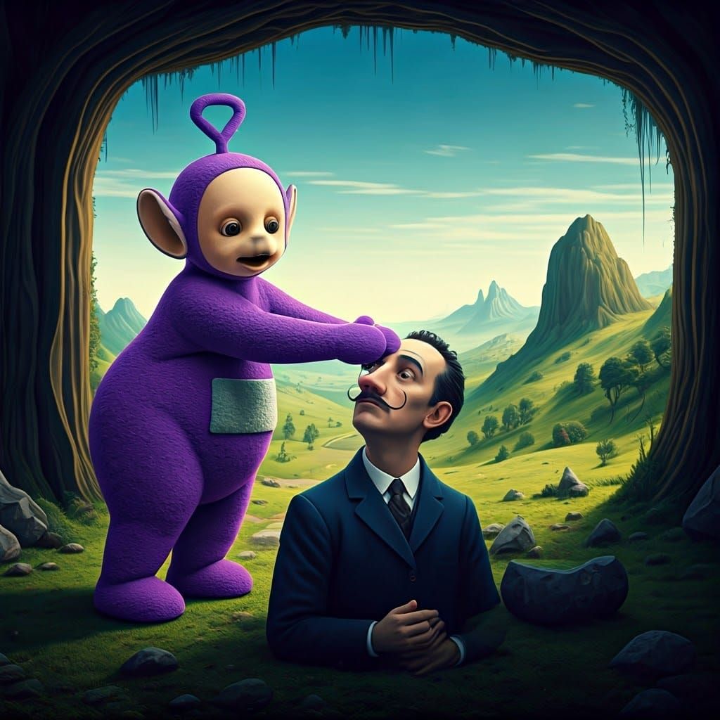 Teletubby Nose-Pulling in Surrealist Dreamscape