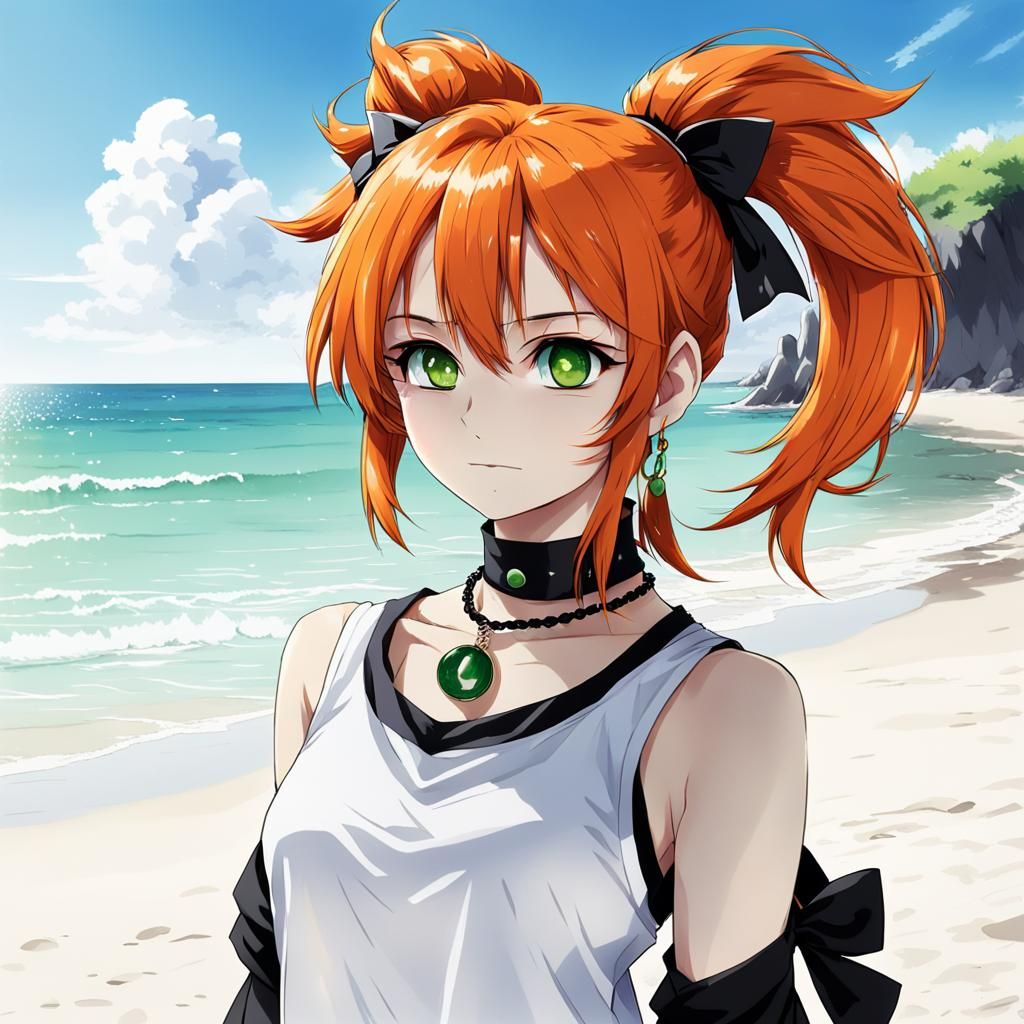 Anime Girl with Orange Hair on Beach