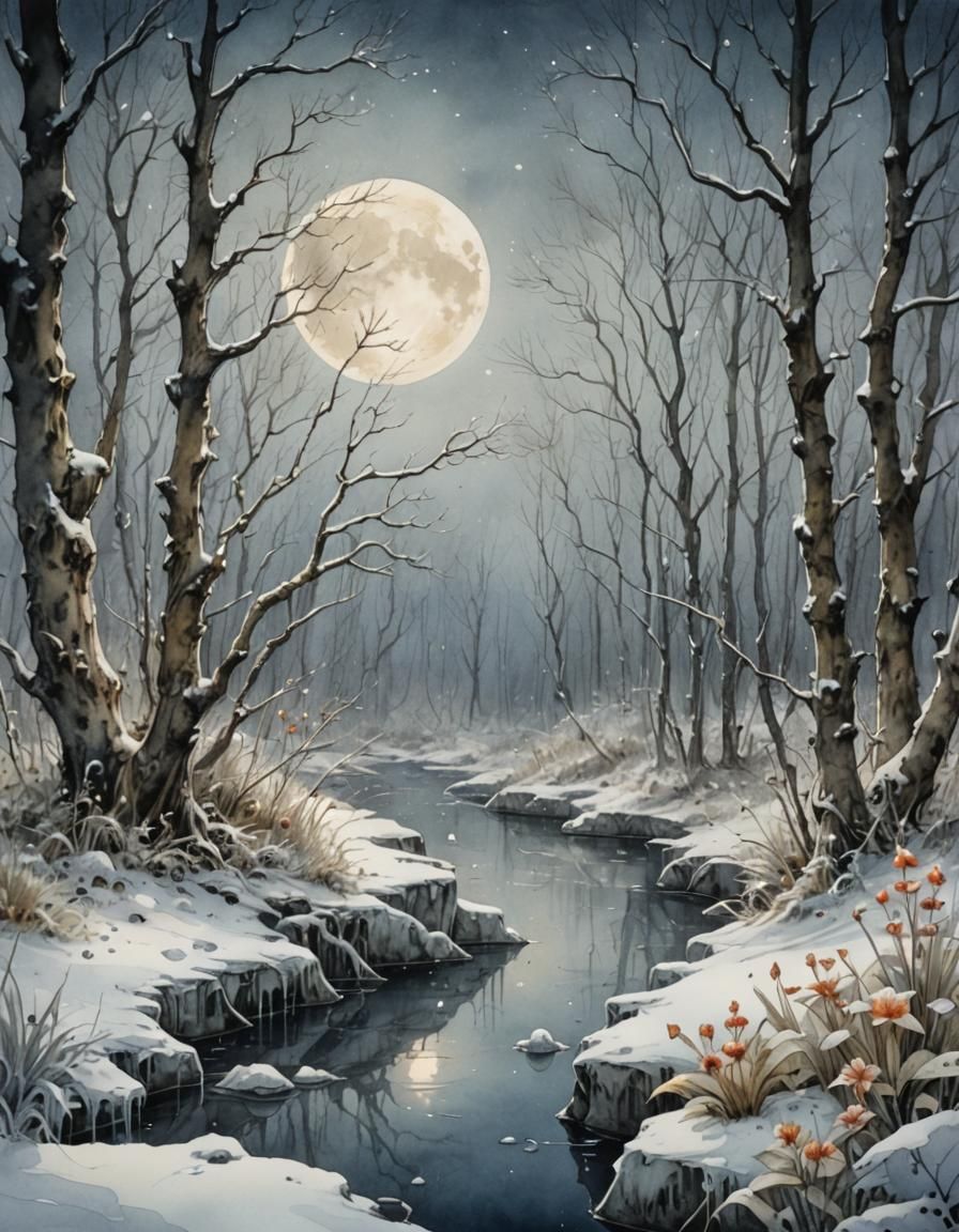 Iced River at Night in Watercolor Fantasy Style