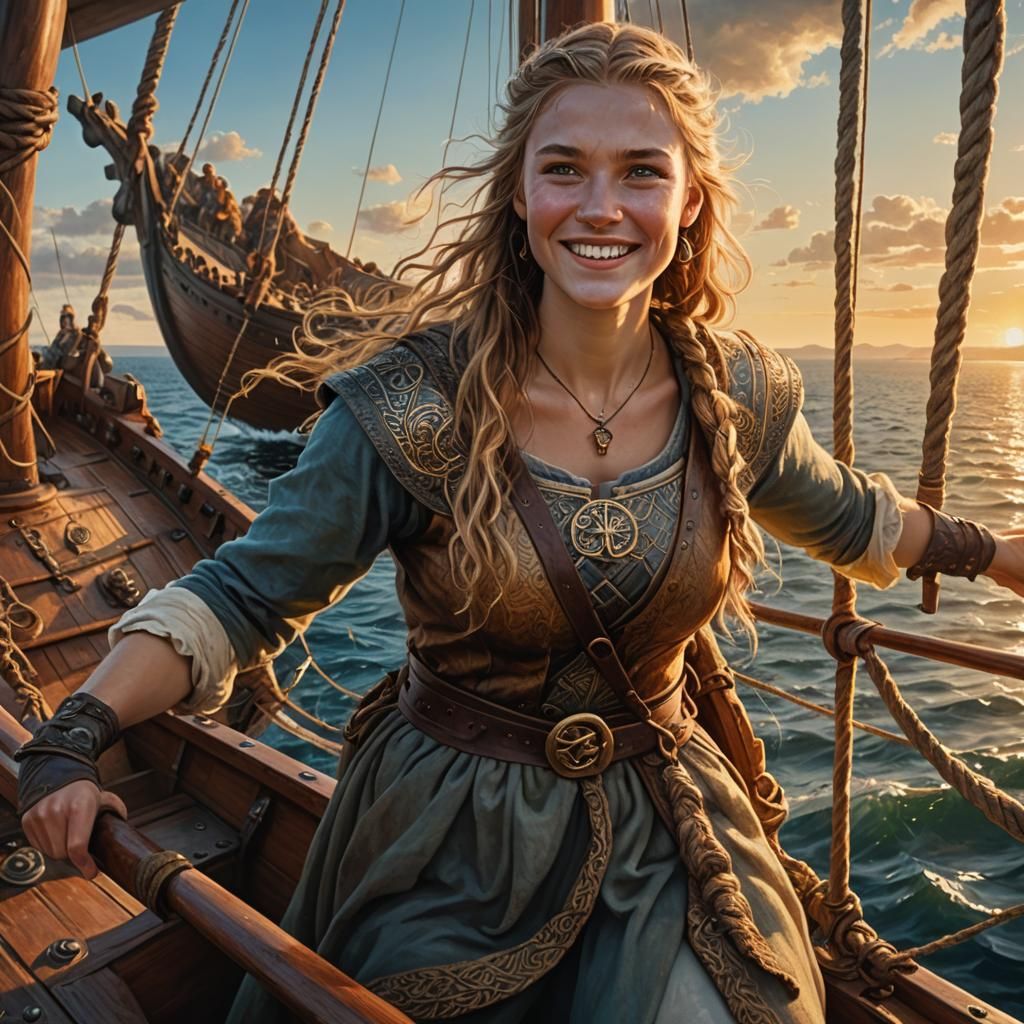 Viking Beauty at Sea: Hyper-Realistic Oil Painting