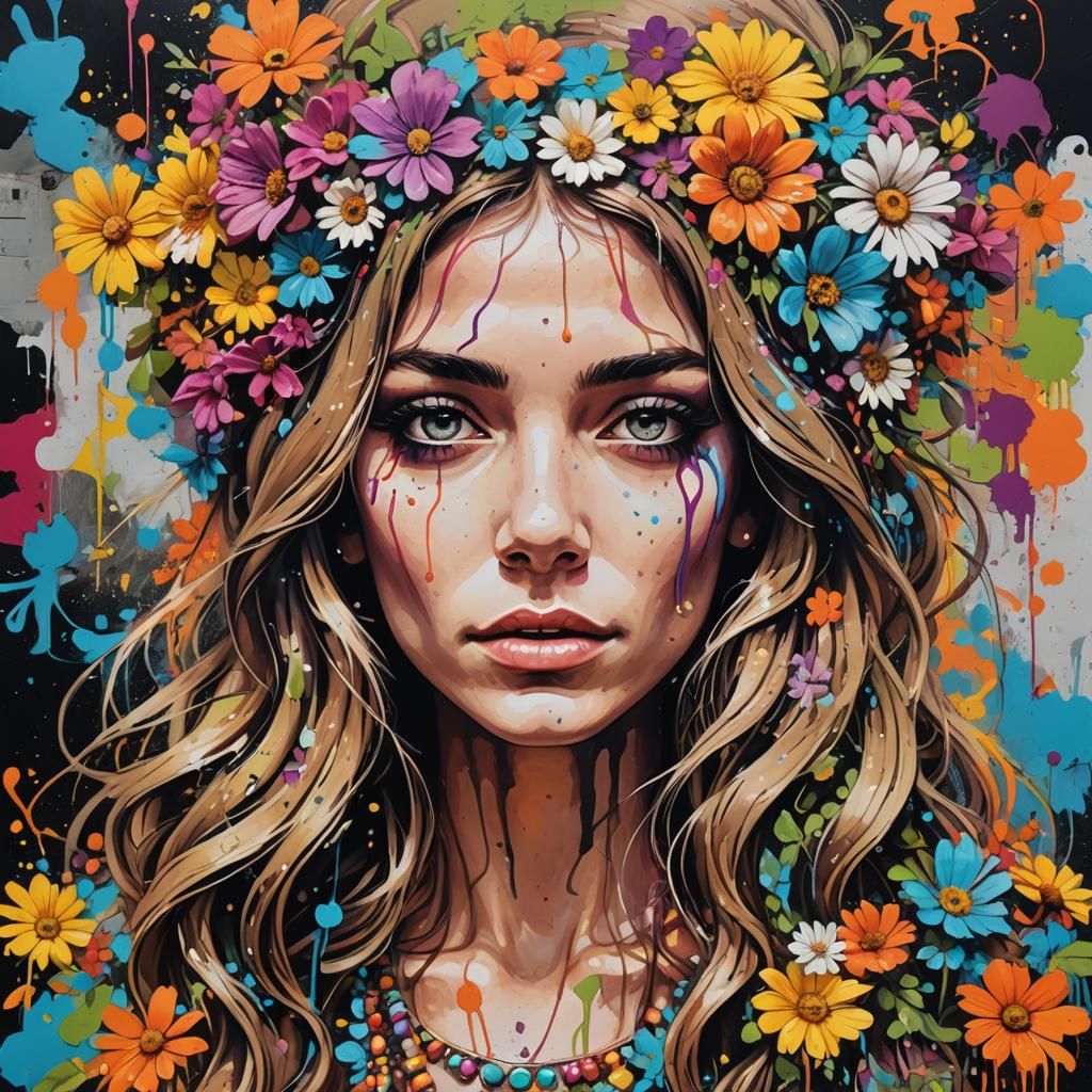 1960s Hippie Girl in Graffiti Art Style