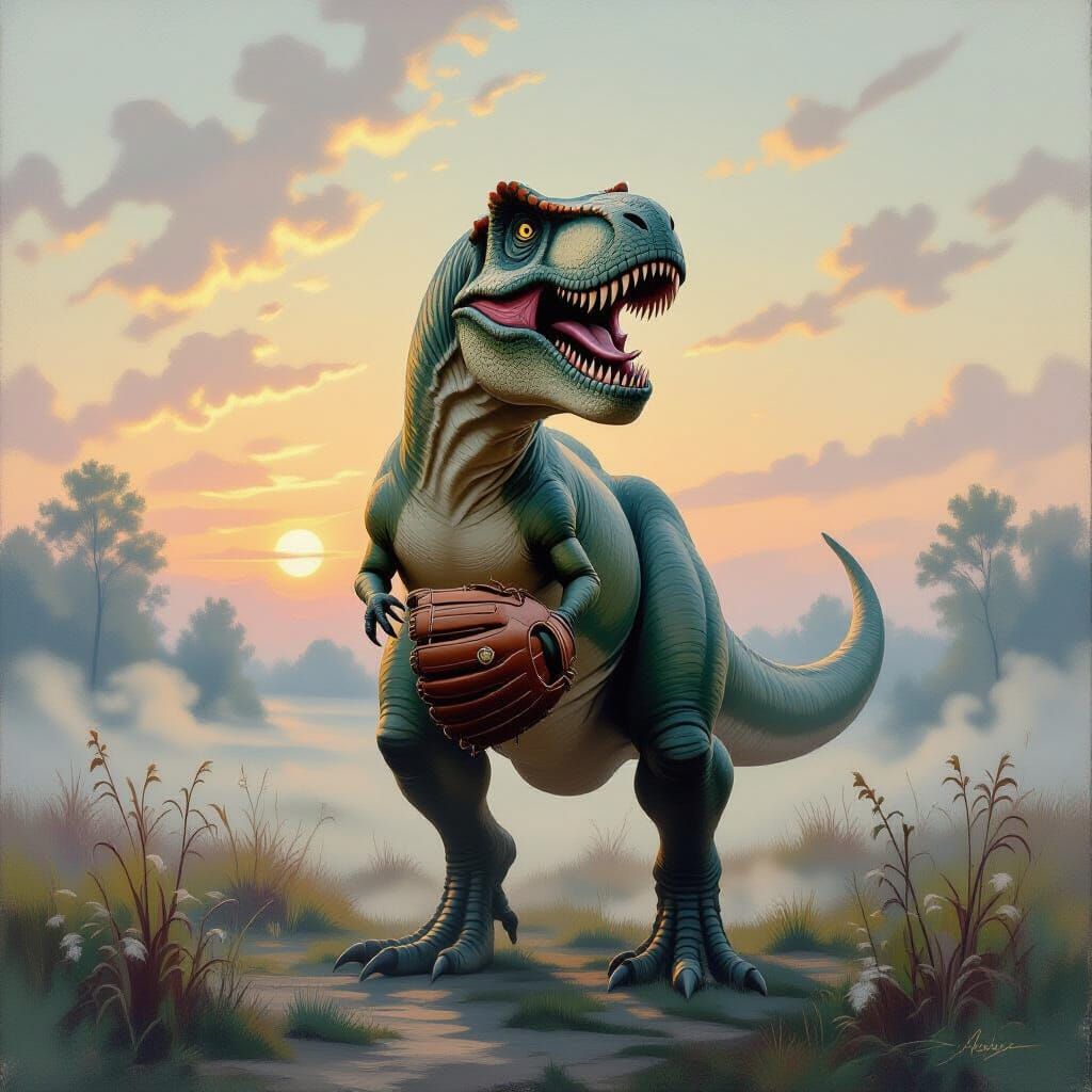 T-Rex in Misty Dawn Landscape as Impressionistic Oil Paintin...