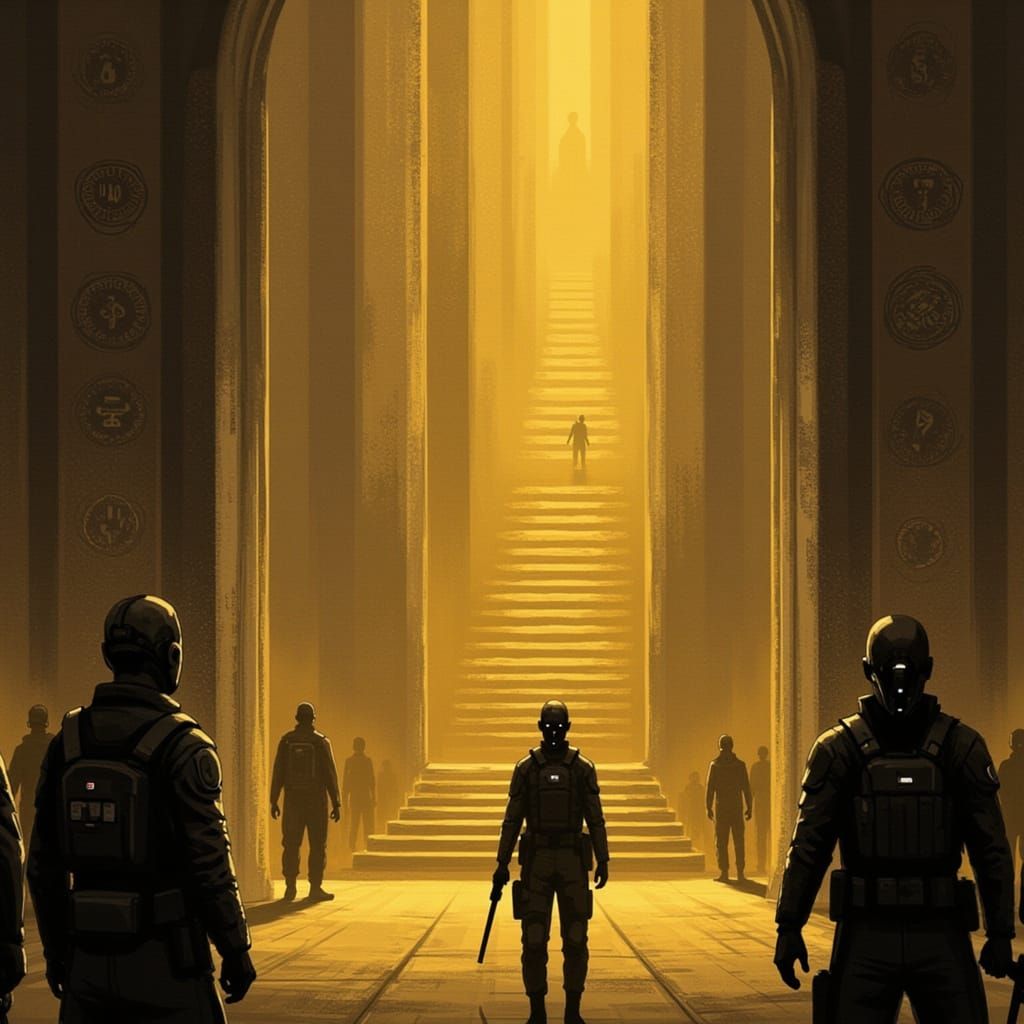 SCP Team Encounters Grand Door in Sepia Ink-Punk Style
