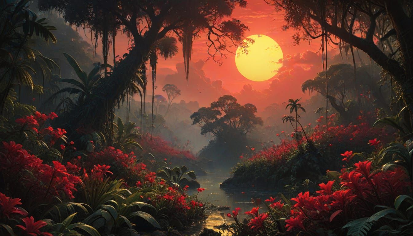 Vibrant Red Tropical Rainforest in a Cyberpunk Aesthetic