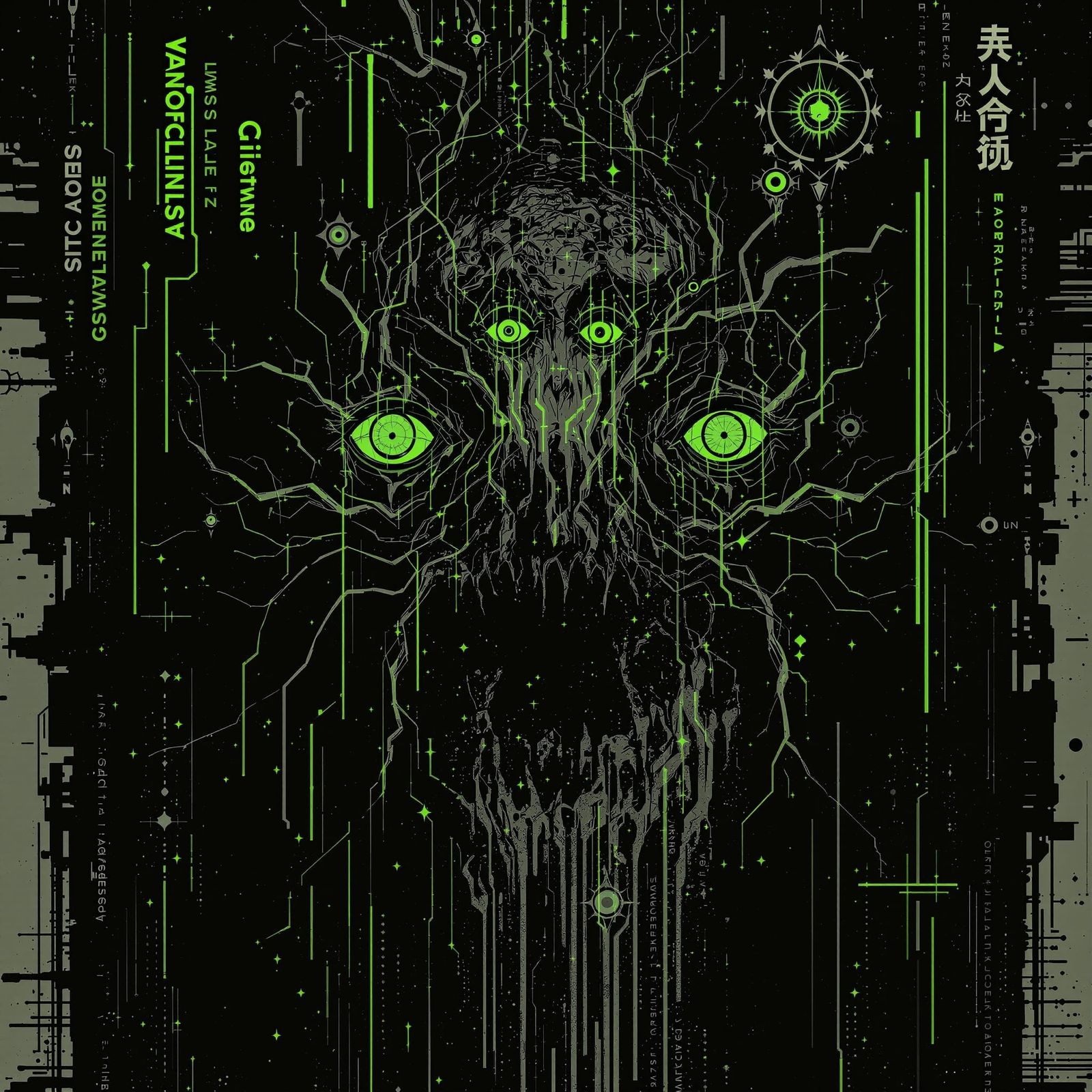 Lovecraftian Tendrils and Eyes in Glitchy Indigocore Style