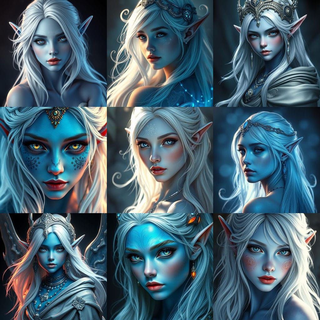 Blue-Skinned Elf Girl Portrait in Hyperdetailed Style