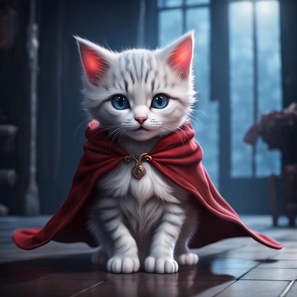 Hyperrealistic Kawaii Kitten in Red Cloak