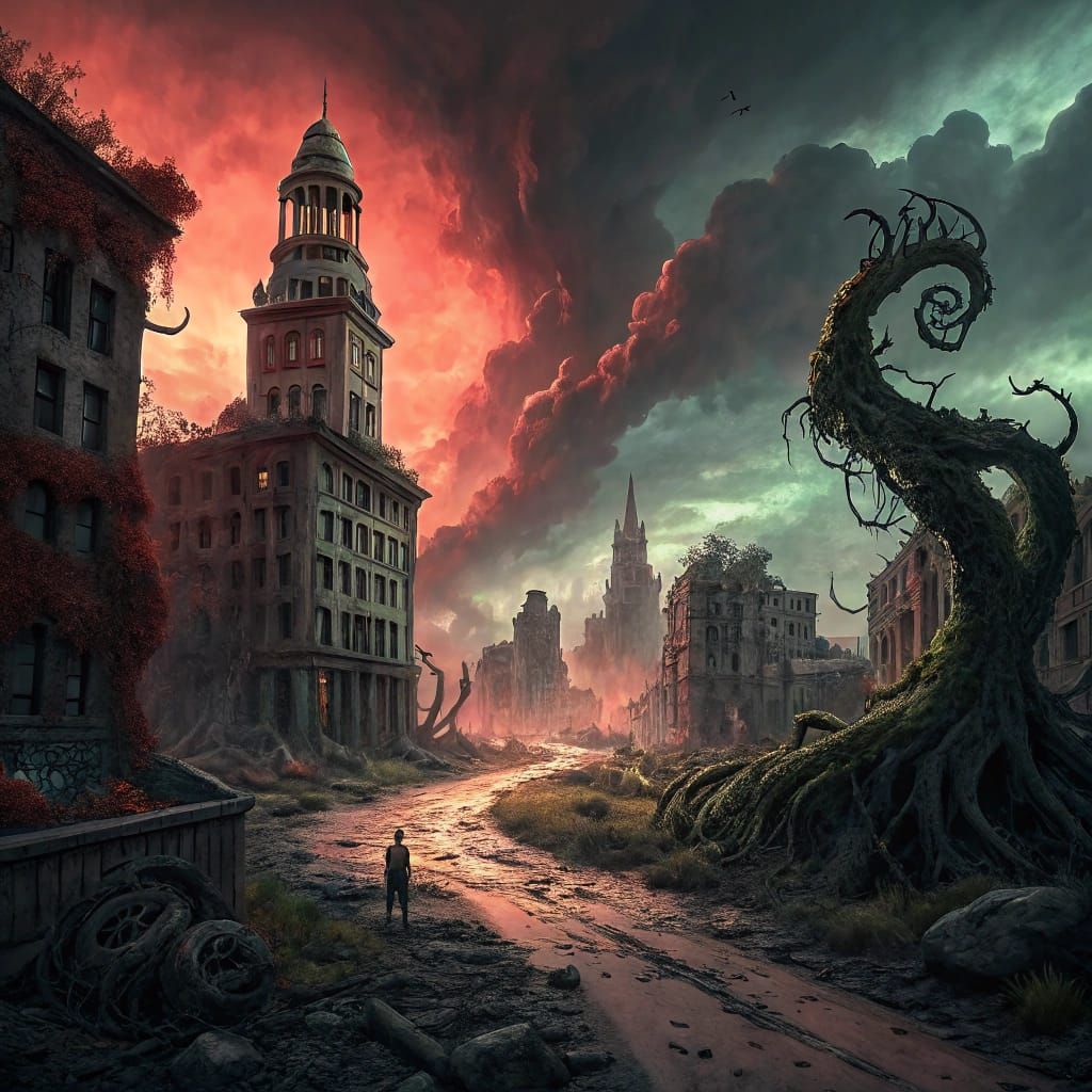 Eldritch Creatures in Post-Apocalyptic Cityscape