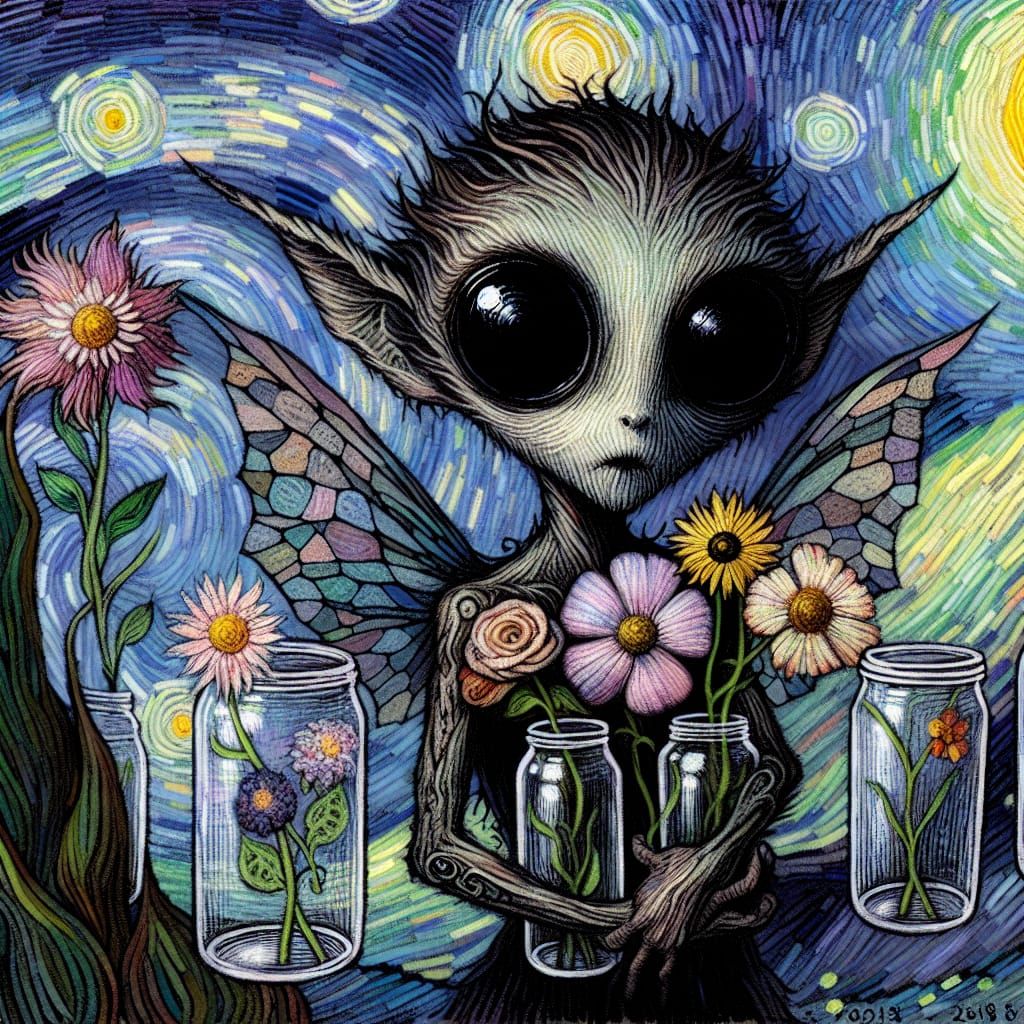 gothic pixie  creature  with googley  eyes   holding  random...