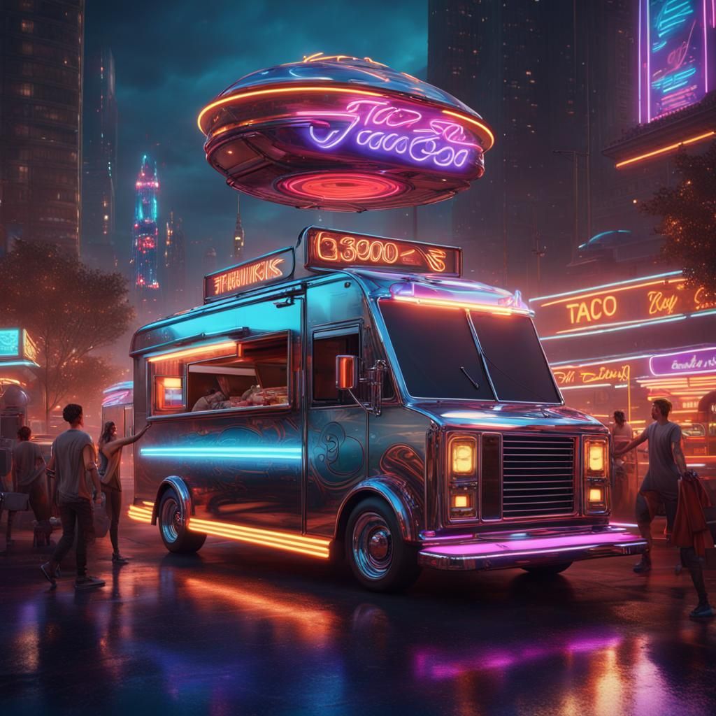 Futuristic Hovering Taco Truck in Chrome Style