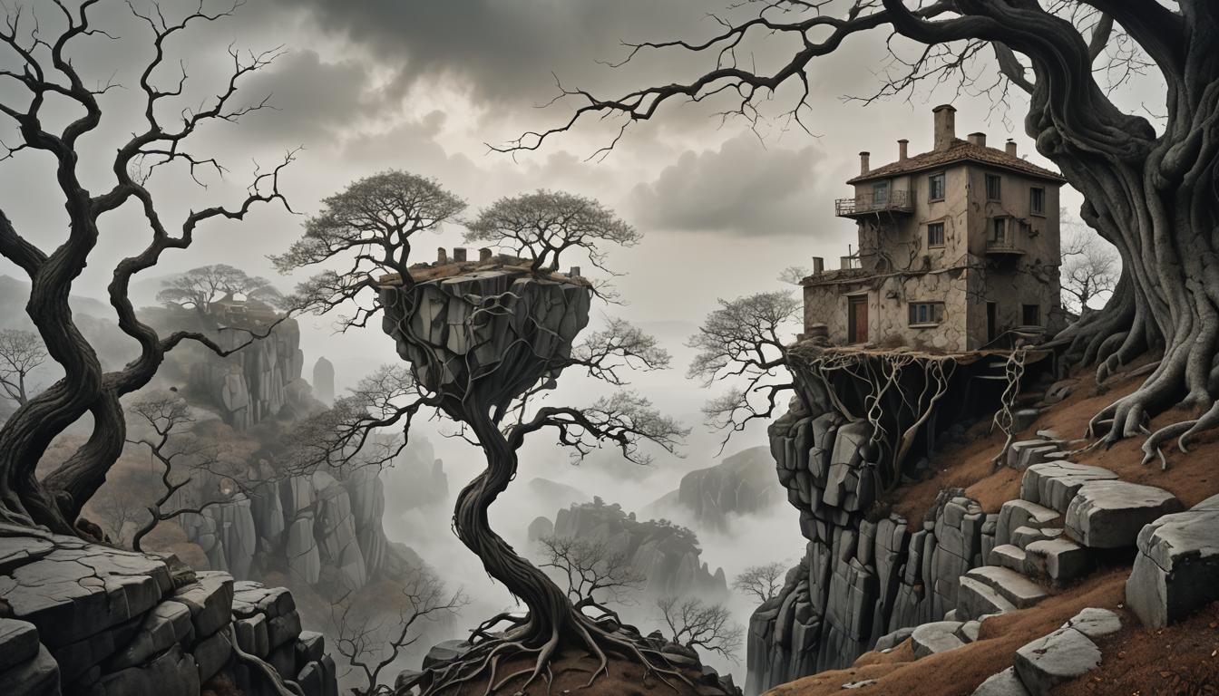 Surreal Cliffside Dwelling in Dreamlike Landscape