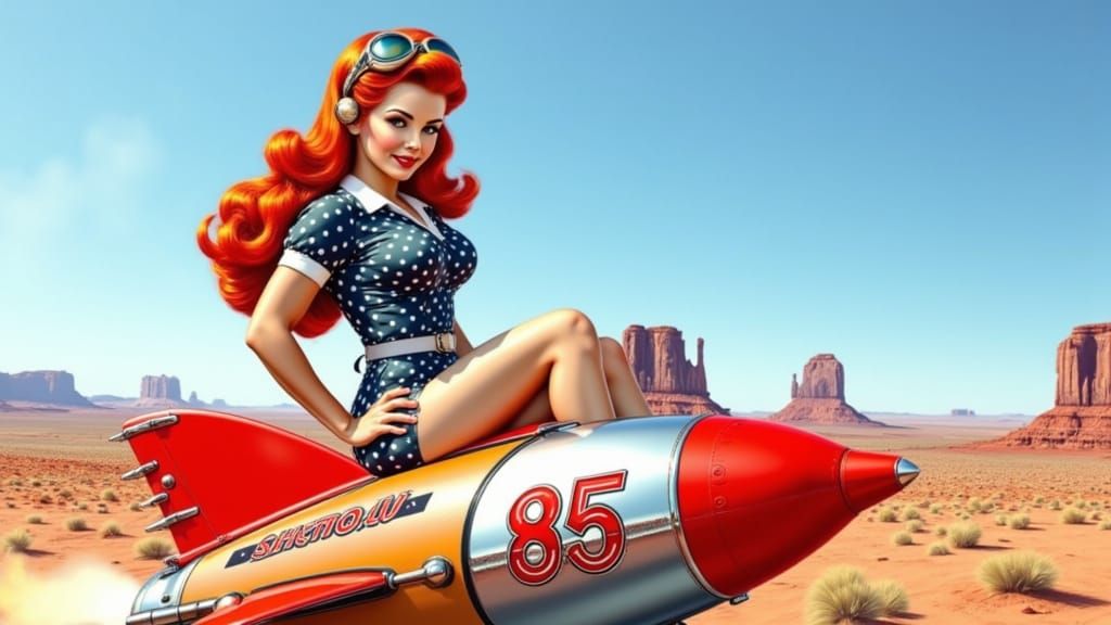Retro Pin-Up Girl on Rocket in Desert