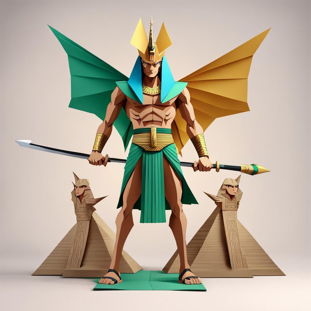 Zoro as Pharaoh Battles Sphinx Dragon in Origami Style