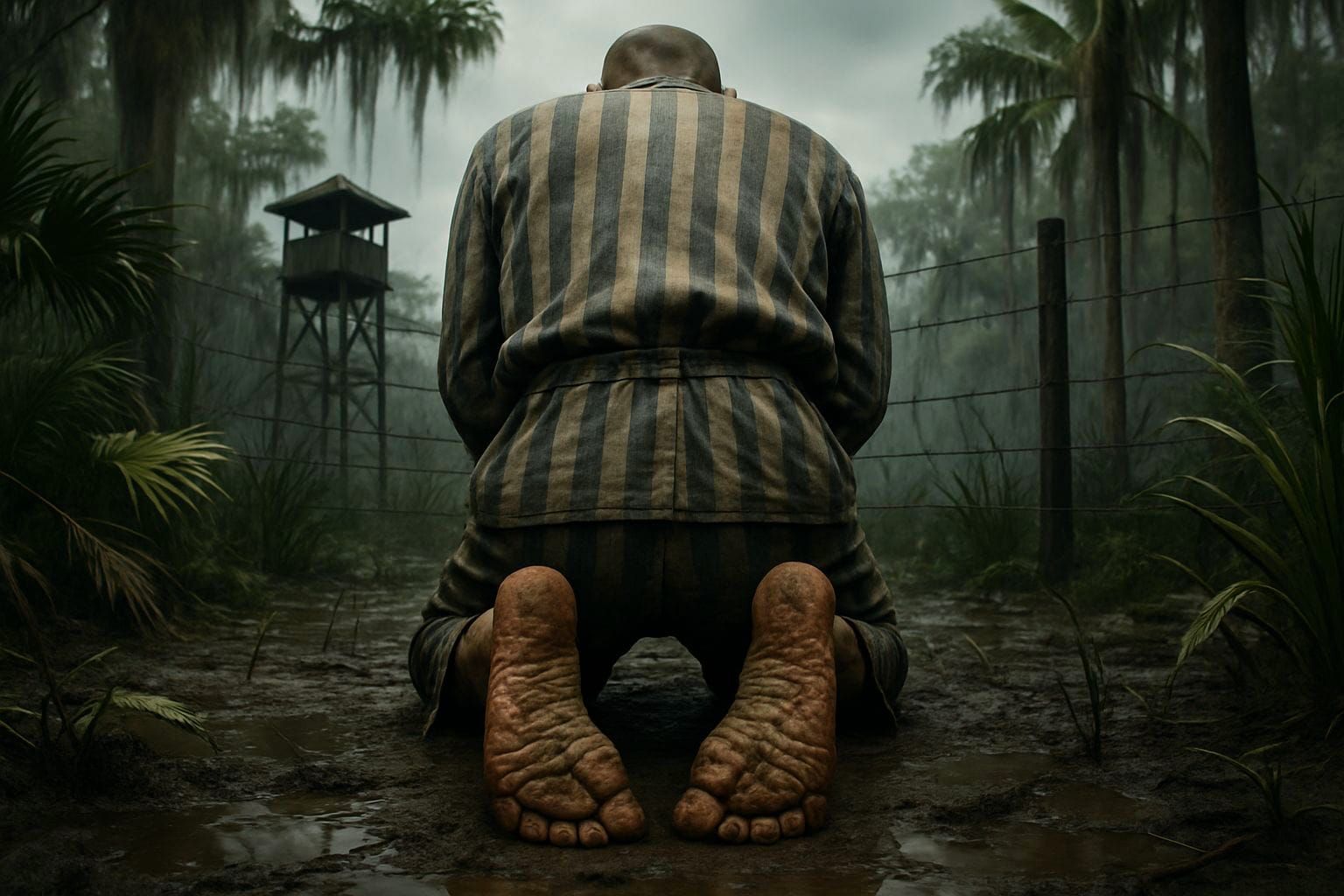 Prisoner Kneeling in Somber Everglades Concentration Camp