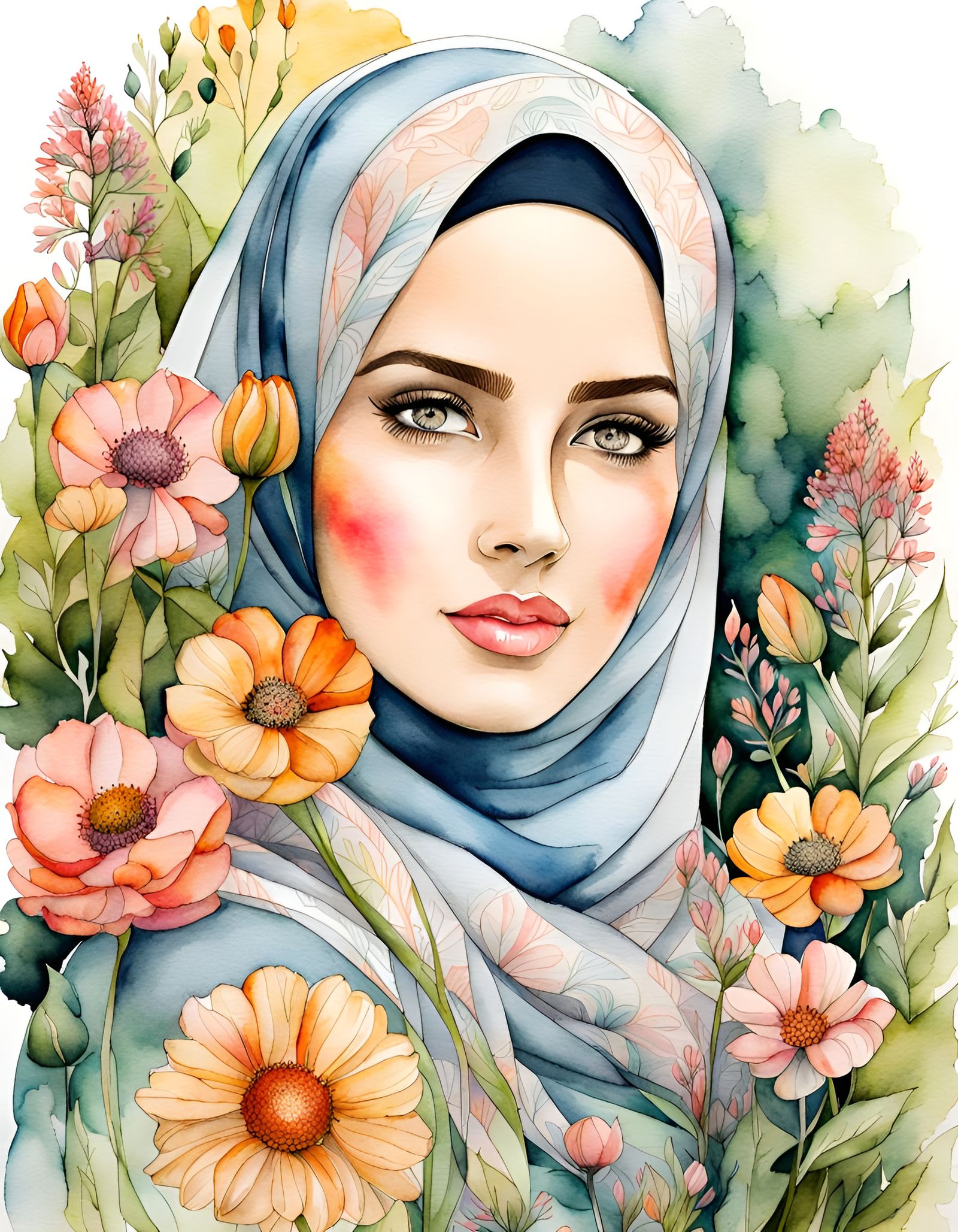 Beautiful Woman in Hijab: Watercolor Ink Drawing
