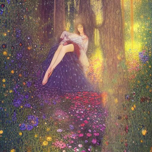 Sunset Woman in Magical Forest, Art Nouveau Style