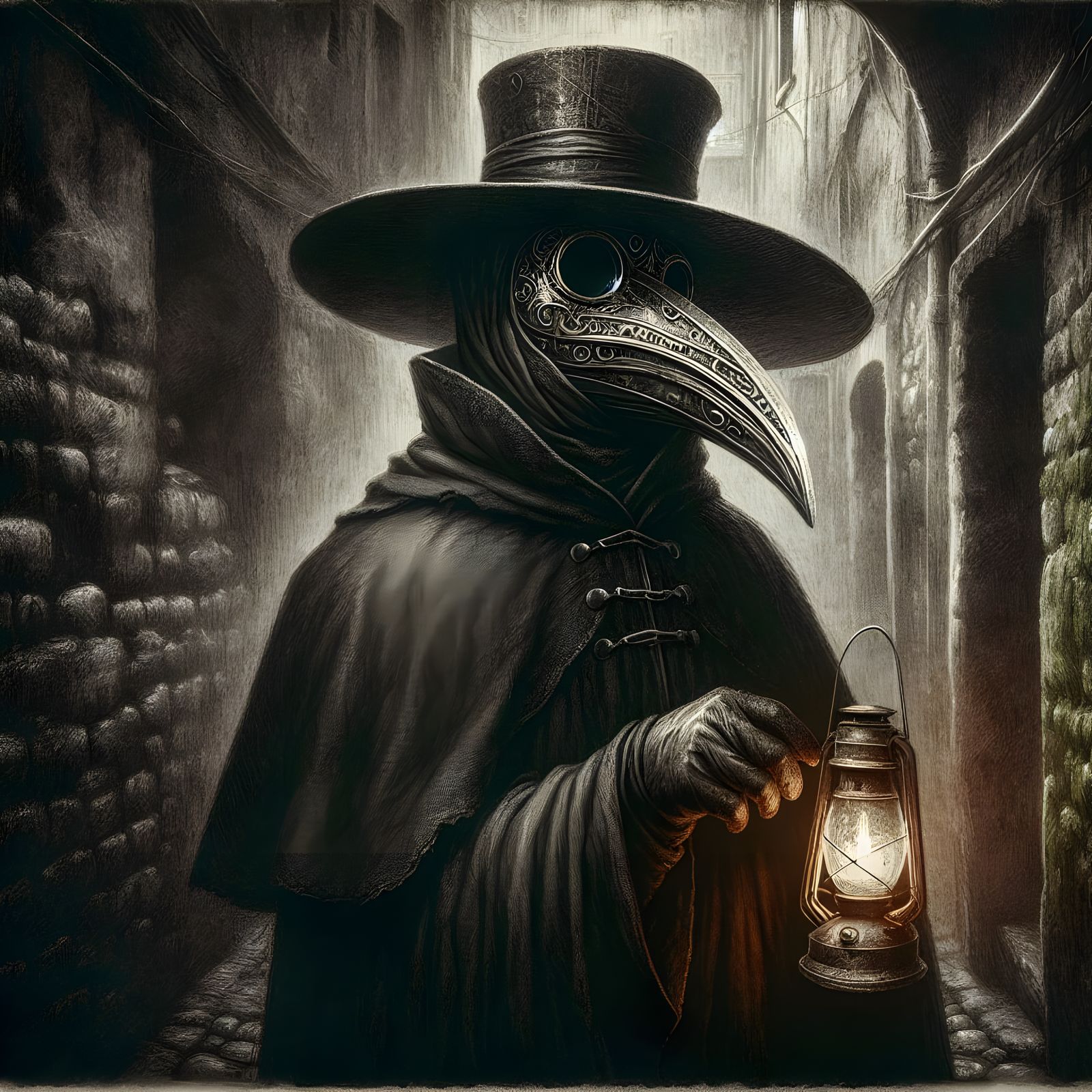 Ominous Plague Doctor in Fog-Enveloped Alley