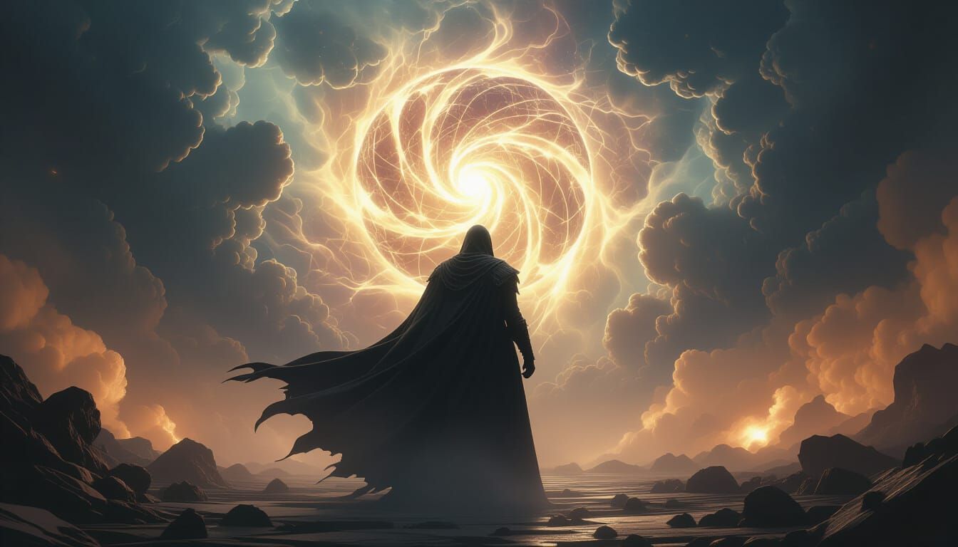 Dark Figure Emanating Power Amidst Ethereal Chaos