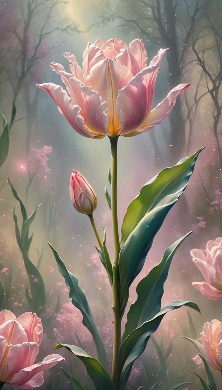 Ethereal Pink Tulip in a Luminous Fantasy Painting