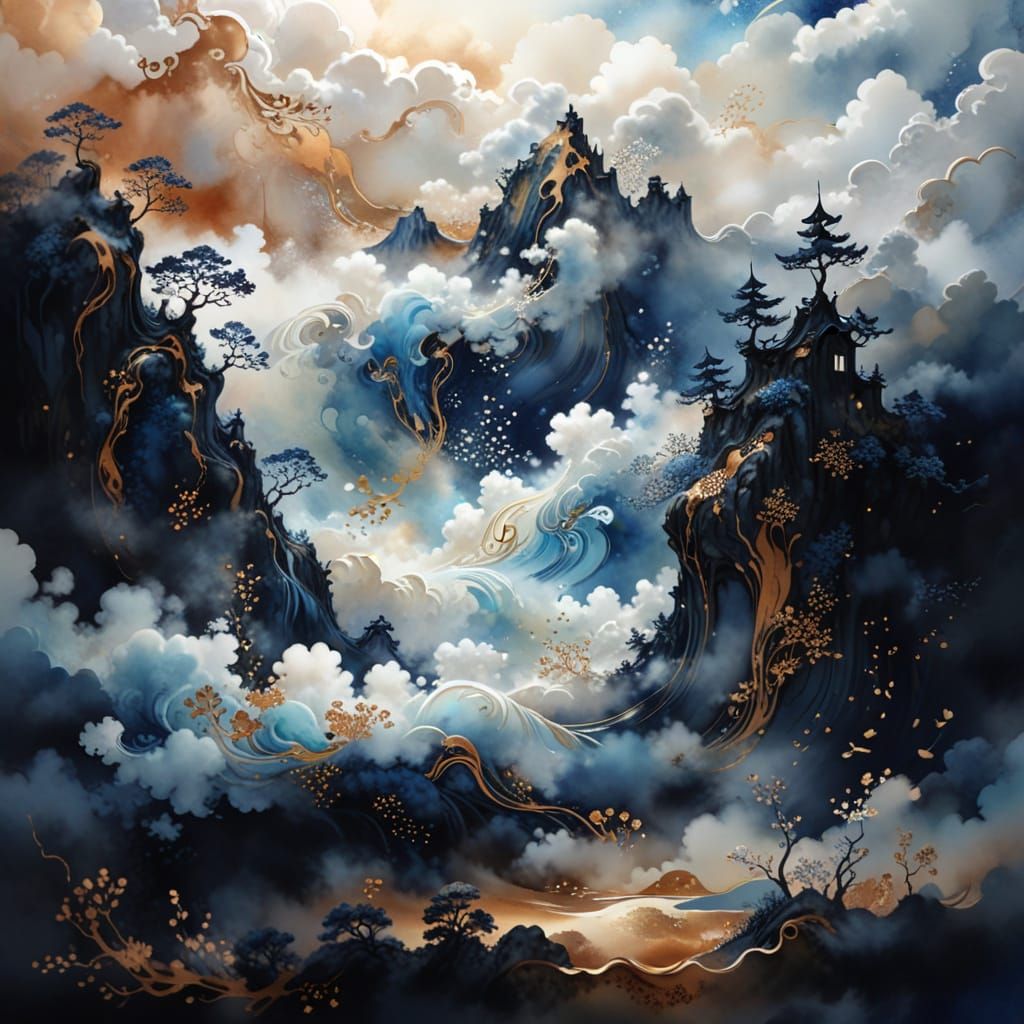 (land scape:1.2), Natasha Wescoat and Willem Haenraets, (arabesques in the clouds:1.5), nacre and deep blue dominant, wi...