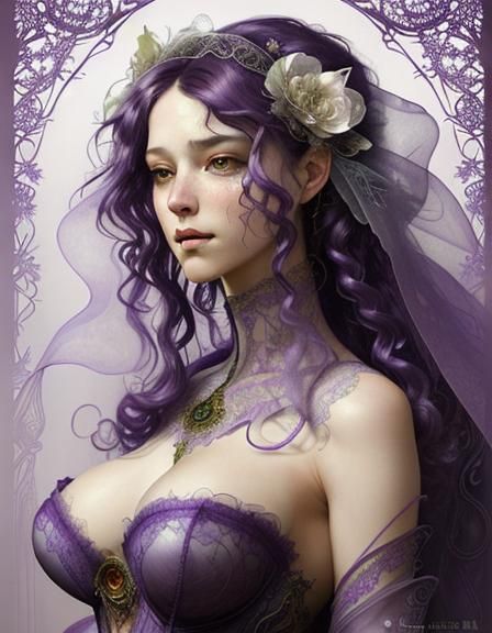 Dreaming Woman with Purple Hair, Fantasy Art