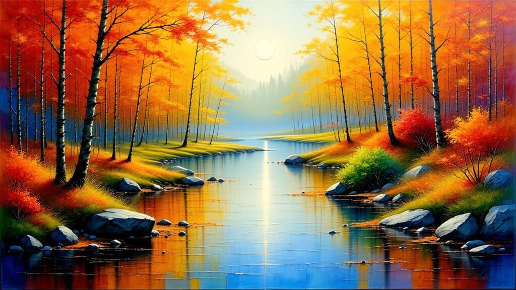 Autumn River Landscape in Classical Oil Painting Style