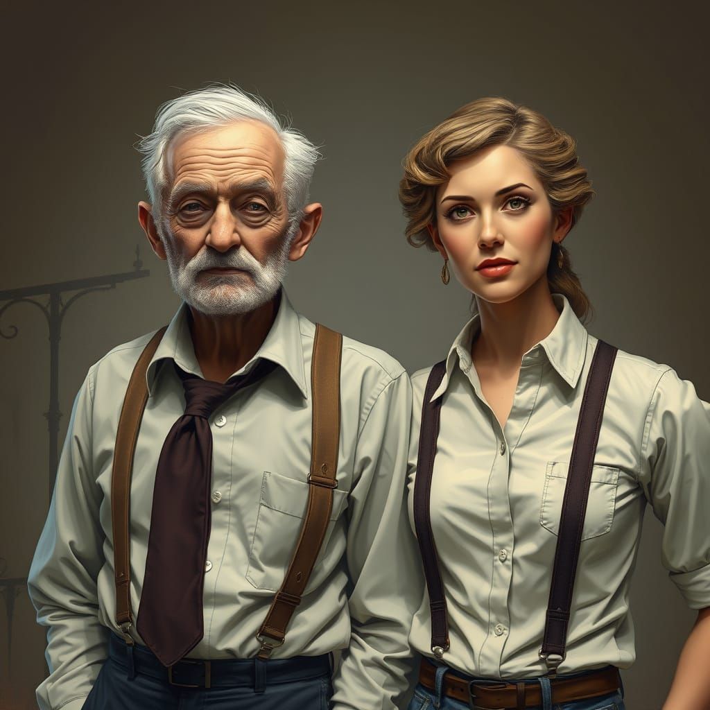 Elegant Couple in Suspenders: Digital Illustration