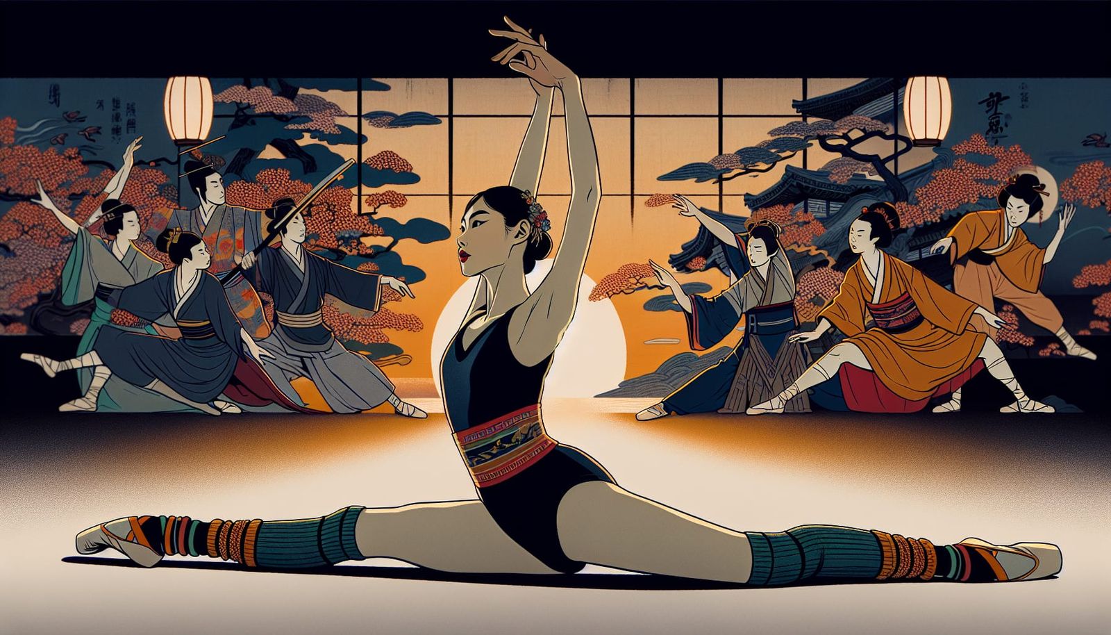 Asian Ballerina's Split in Ukiyo-e Style