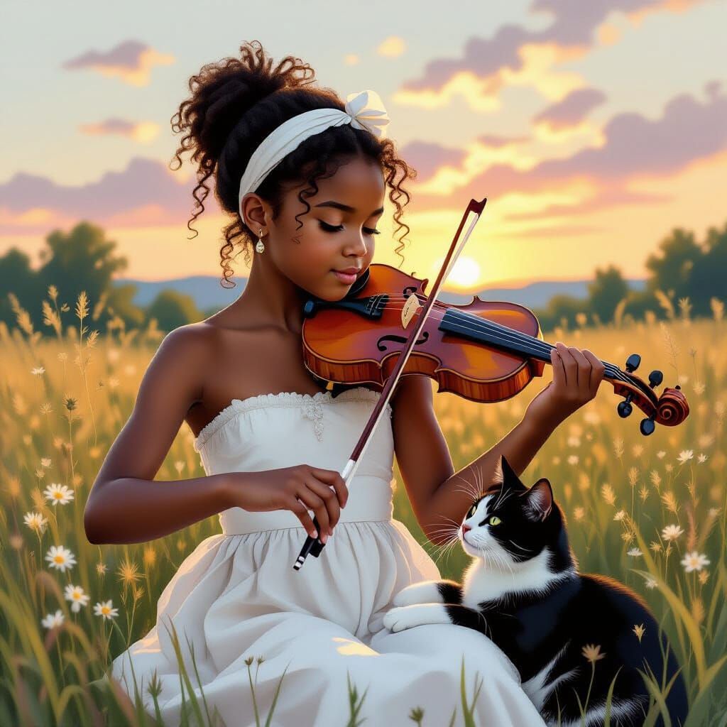 Girl Playing Violin in Meadow with Cat, Impressionist Style
