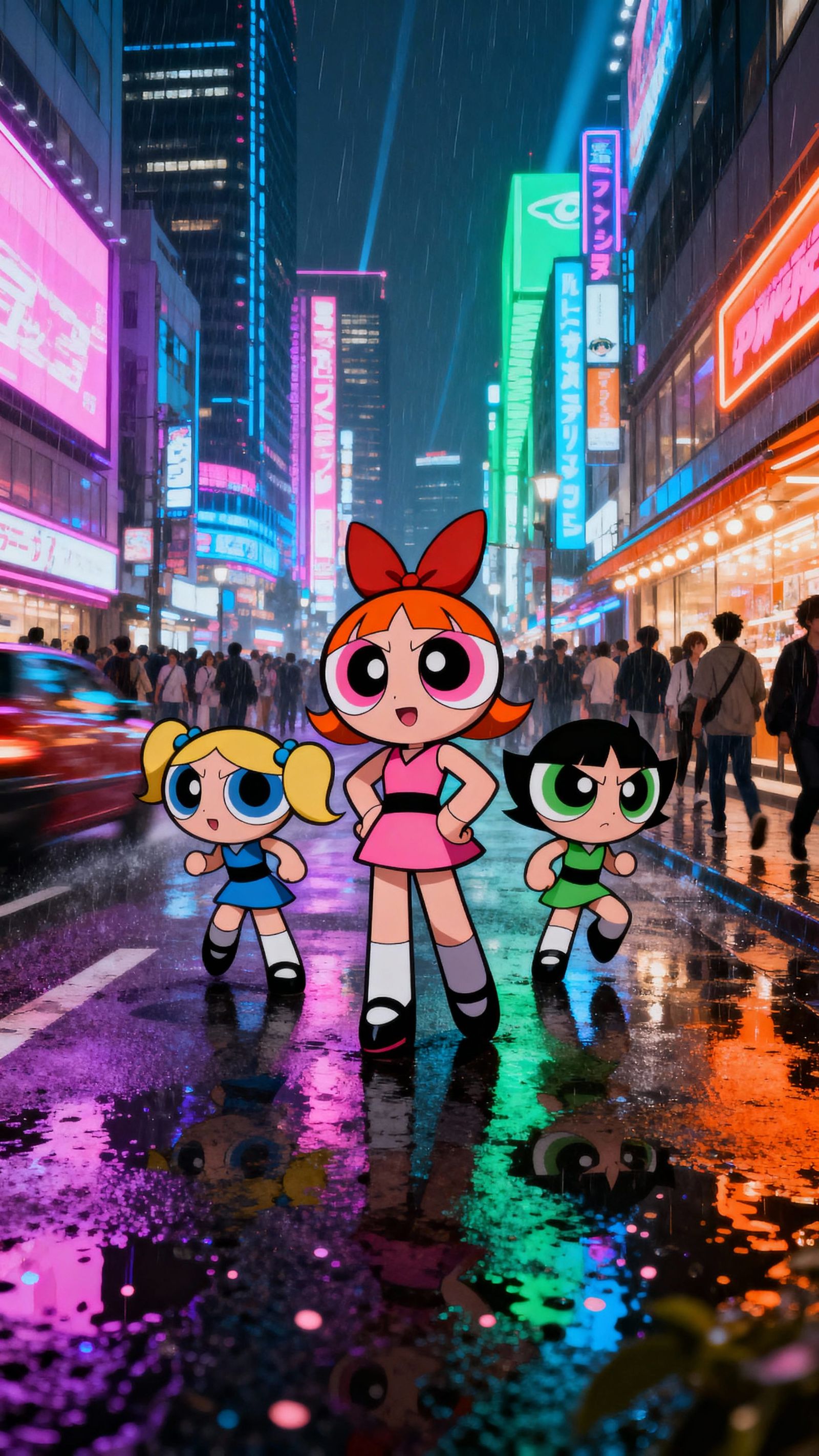 Powerpuff Girls Group Portrait in Neon Tokyo