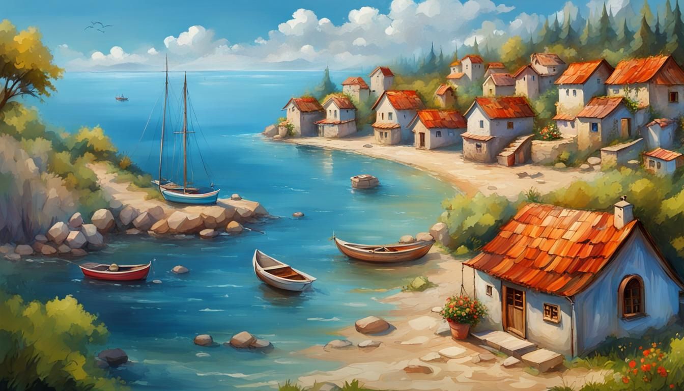 Charming Seaside Village in Artistic Style