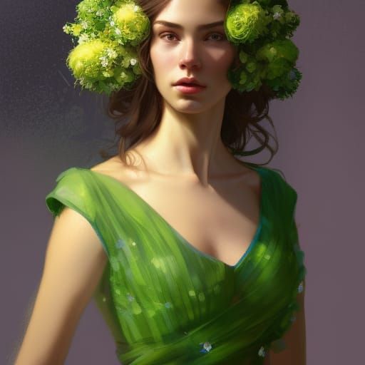 Woman in Green Dress Holding Flowers, Detailed Portrait