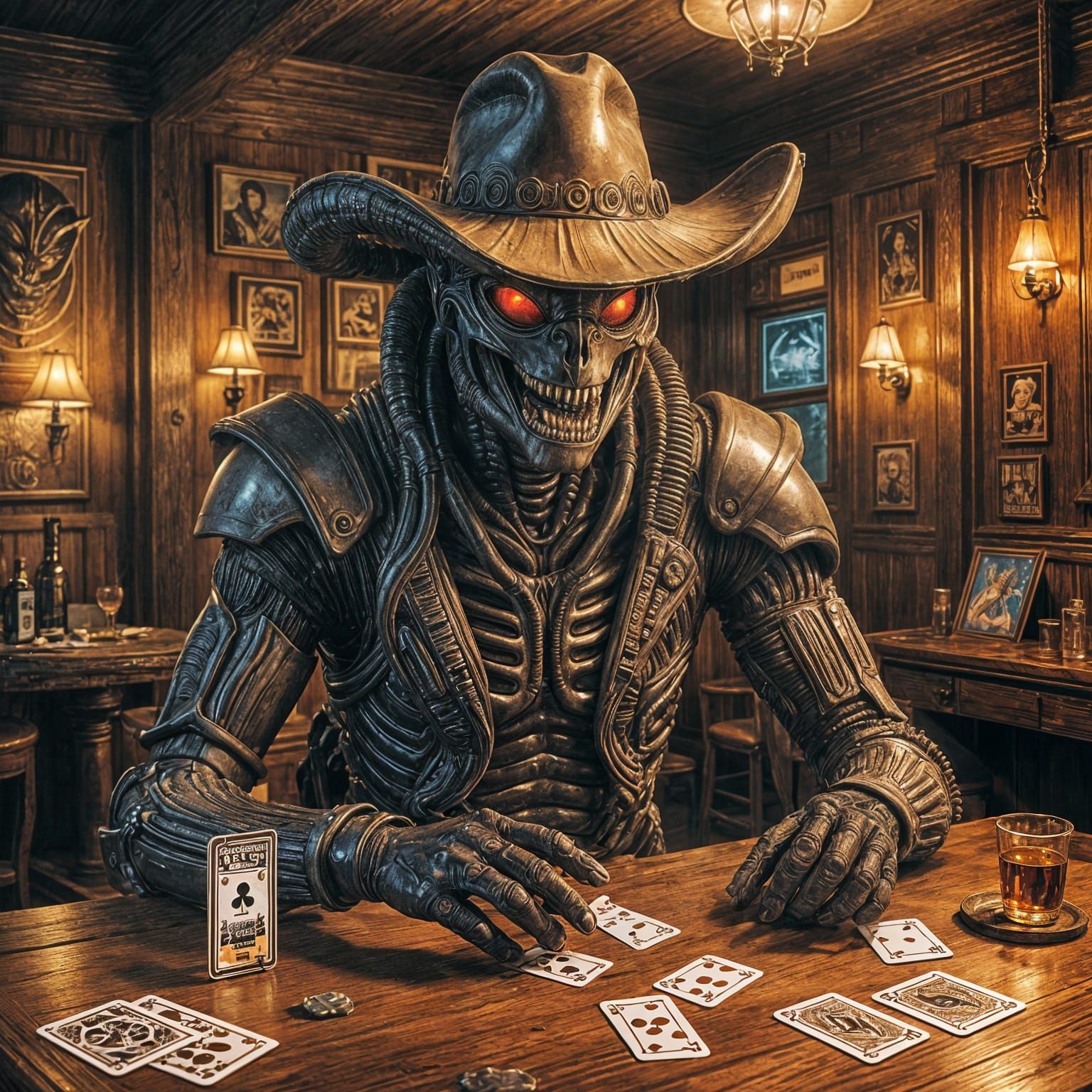Xenomorph Plays Cards in Saloon: Abstract Digital Art