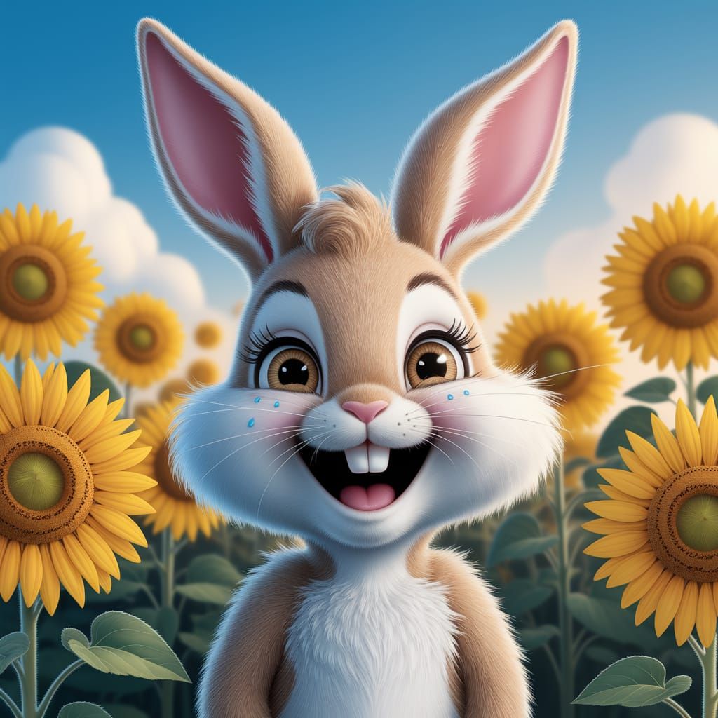 Laughing Bunny in Sunflower Field with Golden Glow