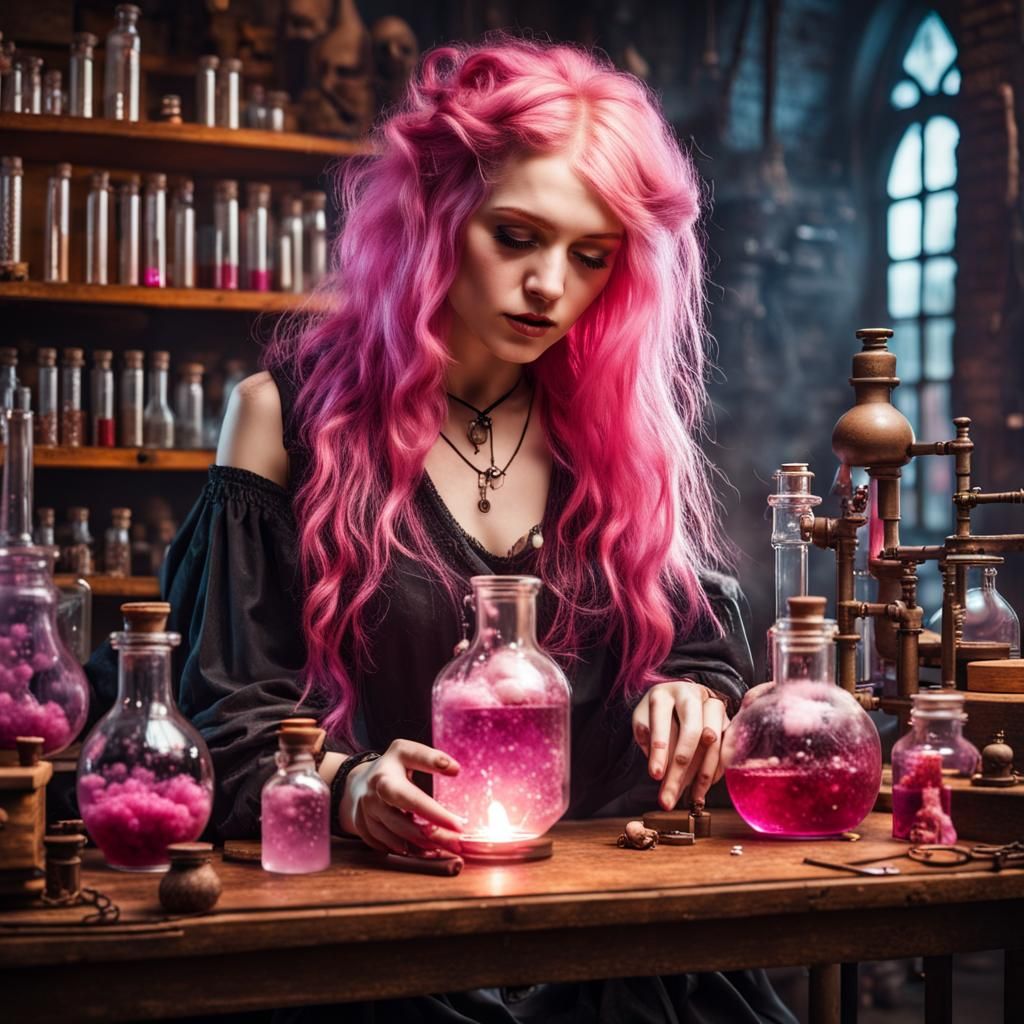 Cyberpunk Alchemist Girl Making Magical Potions