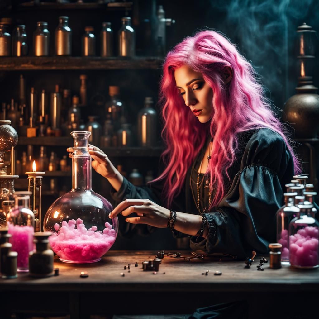 Cyberpunk Alchemist Girl Making Magical Potions
